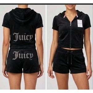 Juicy Couture Women's Terry Cloth Track Set Sz XL Black Hoodie Shorts Bling Y2K